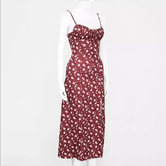 Red wine floral slit summer beach dress - Picture 6 of 15